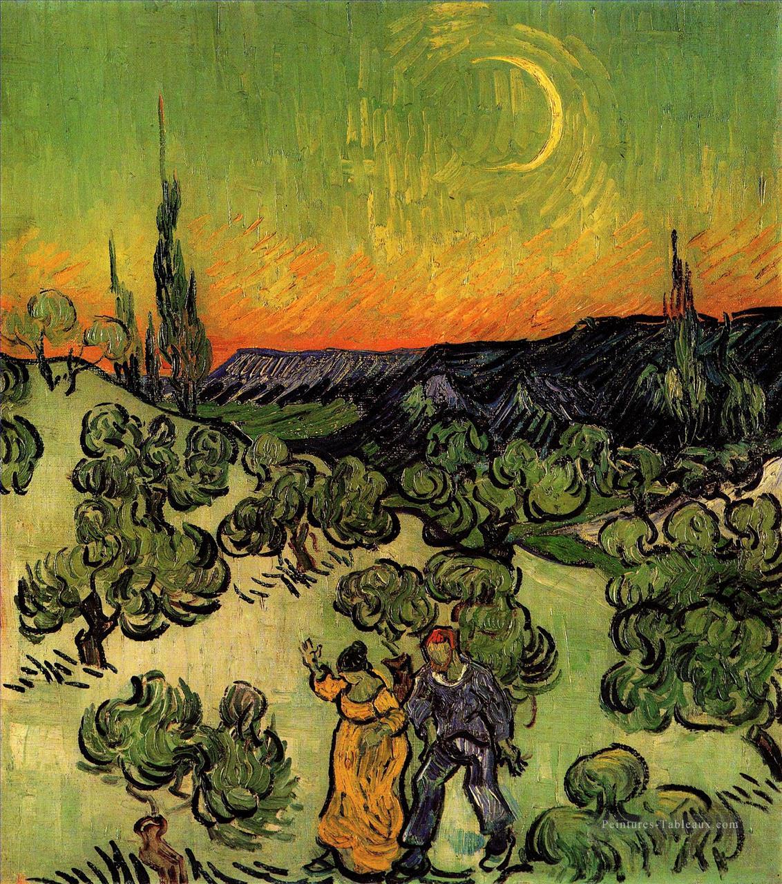 Paysage avec couple marche et Crescent Moon Vincent van Gogh Peintures à l'huile